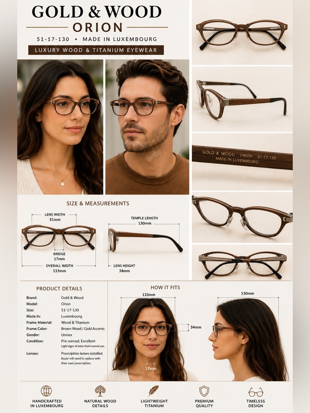 Gold & Wood Orion Eyeglass Frames 51-17-130 Made in Luxembourg Wood Brown